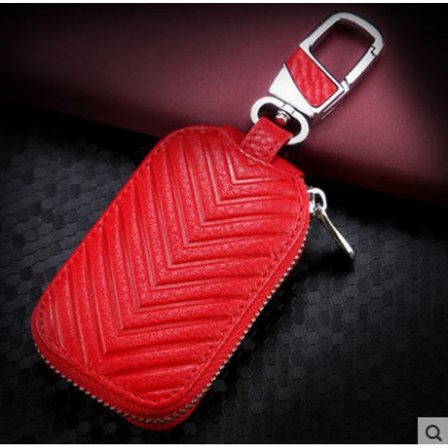 Ægte læder bilnøgleholder taske smart nøglekæde holder etui cover holder pung fjernbetjening nøgleringe fob taske nøglering pung lynlås etui (rød)
