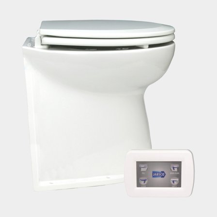 Eltoalett båt Jabsco Deluxe Flush 17" SoftClose, rak rygg, 12 V, stor skål, för sjövattenfyllning + pump