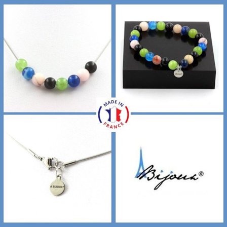 Kivet ja mineraalit. Rannekoru kaulakorusarja Mustat akaattihelmet + Peridot + nauhallinen akaatti Mukautettava koko.