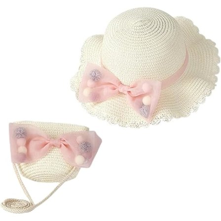 Solhatt och Mini Cross Body Väska Set för Flickor, Blommig Barnstråhatt, Sommarstrand Stråhatt och Mini Plånbok Set med Rosett, Solhattar för Barn 
