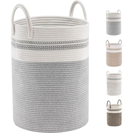 Tvättkorg i bomullsrep, vävd förvaringskorg med handtag, leksaksförvaringskorg 58L (38cm(D)x50cm(H), Vit, Grå)