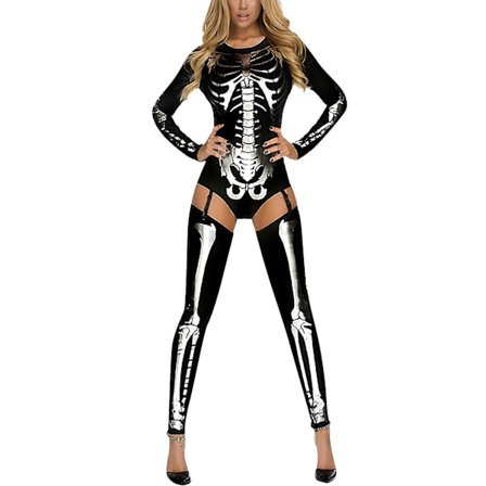 Halloween Cosplay Kostymer Kvinnor Hög Midja Tights Höga Strumpor Skelett Bodysuit Med Tryck Halloween Kostym För Kvinnor
