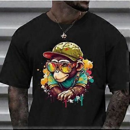 Ny sommar herr mode T-shirt Kreativ tecknad djurapa tryckt herr T-shirt Top(6XL svart)
