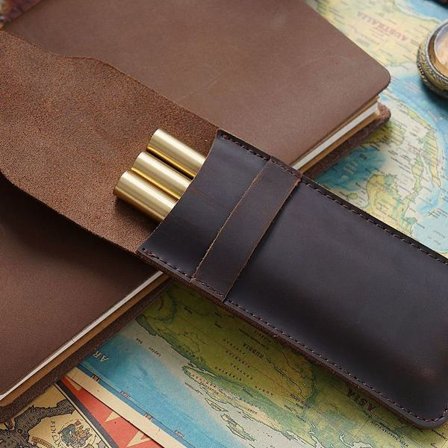 Ekte skinn pennal for fyllepenn, holder for flere penner, brun KLB