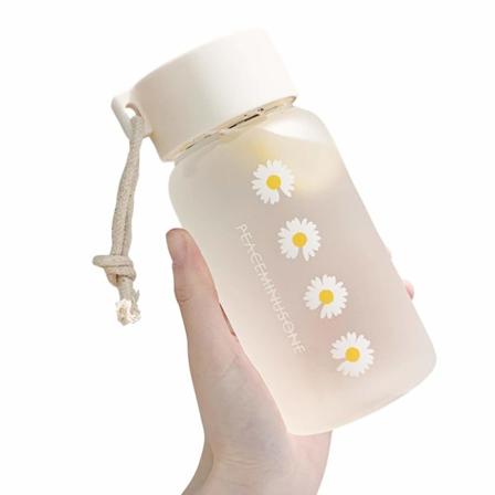 500 ml vannflaske, sportsvannflaske med bærbart tau, gjennomsiktig plastfrostet liten tusenfryd, lekkasjebeskyttende design (Matt 4 blomst)