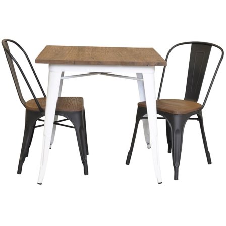 Plåt matt vit med toppskiva i alm + 2 matt svarta stolar alm