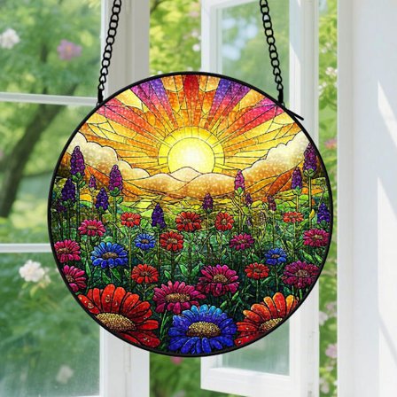 Auringonnousun värikäs kukkaketo Ikkunaan ripustettavat aurinkosiepparit - Akryylikoriste vanhoille pariskunnille, auton koristeeksi