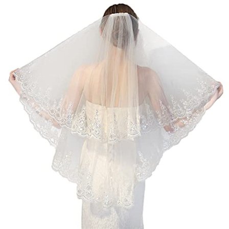 Glitter Bryllupsslør, hoftelangt 2-lags blondebrudeslør med kam, blødt tyl katedral slør til bruden