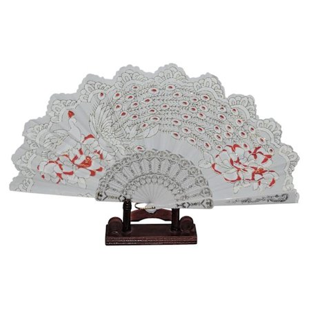 Vifte - Glitter - Påfugl med plastikbund - Hvid