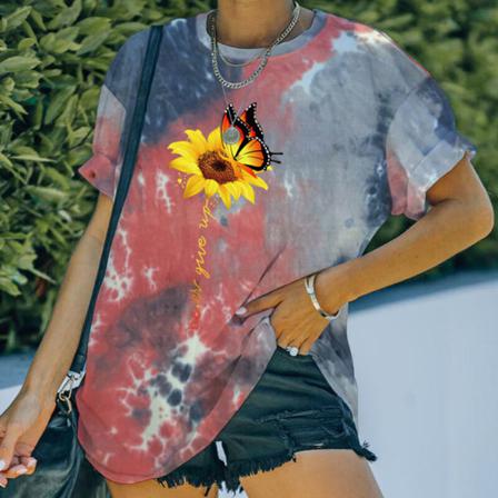 Dam Sunflower Butterfly Print Tunika Blus Crew Neck Tee