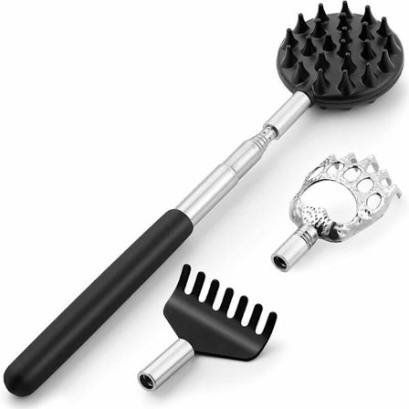 /EA/ Telescopic Stainless Steel Rod with 3 Detachable Heads, Portable Scratcher with Tight Socket for Back and Head, Instant Itch Relief.