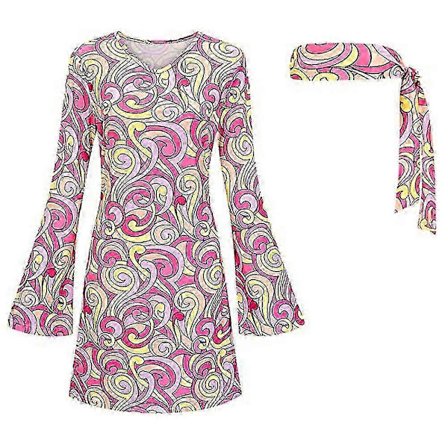 70-talls 80-talls Hippie Disco Party Langermet Kjole + Pannebånd Antrekk Sett-2025-lingling}