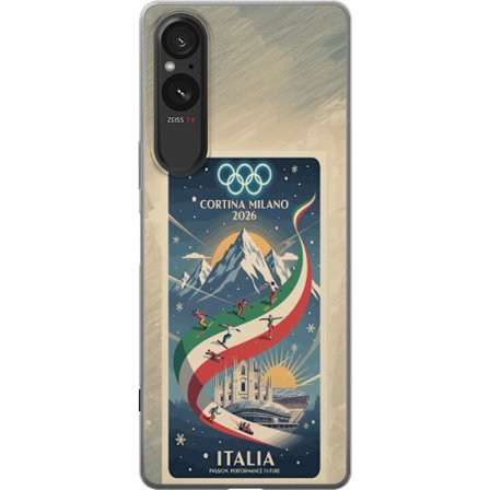Kompatibelt Mobildeksel til Sony Xperia 5 V Skiskytterillustrasjon med skiløper som sikter med gevær på en snødekt løype, teksten Milano Cortina 2026