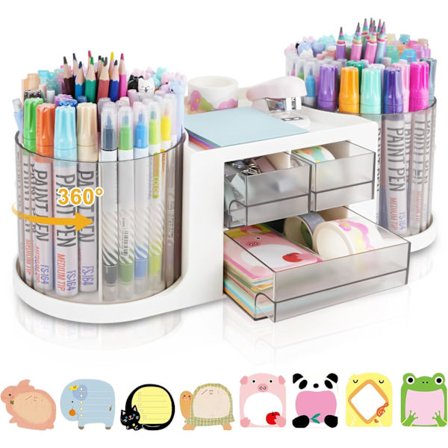 Roterande skrivbordsorganisatör med 2 pennhållare, multifunktionell pennorganisatör med 3 lådor, 10 fack för pennor