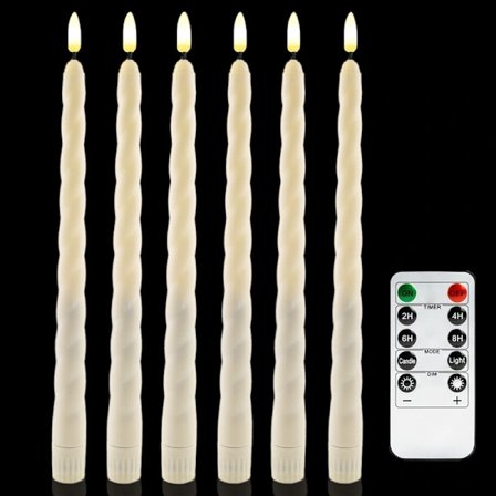 Seks batteridrevne LED-lys med fjernkontroll og timer, blinkende varmt hvitt lys, laget av ekte voks.