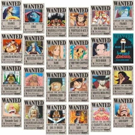 One Piece Wanted-plakater 28,5 cm × 19,5 cm, Ny utgave Kraftpapirplakat, Luffy 1,5 milliarder, sett med 24