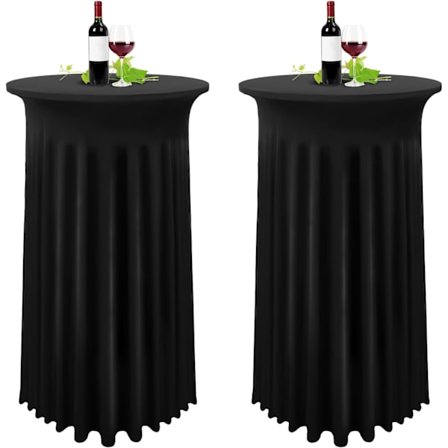 Sett med 2 svarte trekk til høye bord, duk til ståbord 80 x 110 cm, svart stretch plisse skjørt duk i spandex