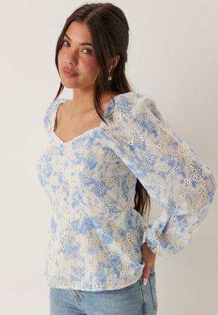BUBBLEROOM - Broderie Anglaise Blouse - Blue/Floral