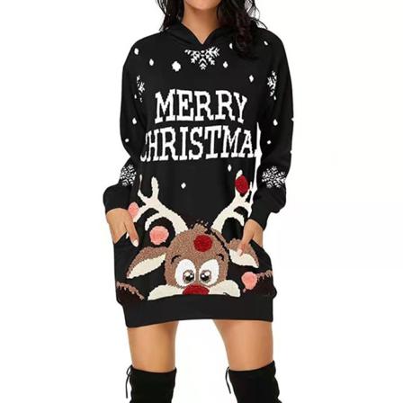 Jul Röd Klänning Kvinnor Hooded Pocket Deer Printed Långärmad