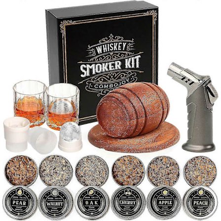 Whiskey Smoker Kit med Brännare - 6 Smaker Träflis, 2 Glas, 2 Isbollsformar
