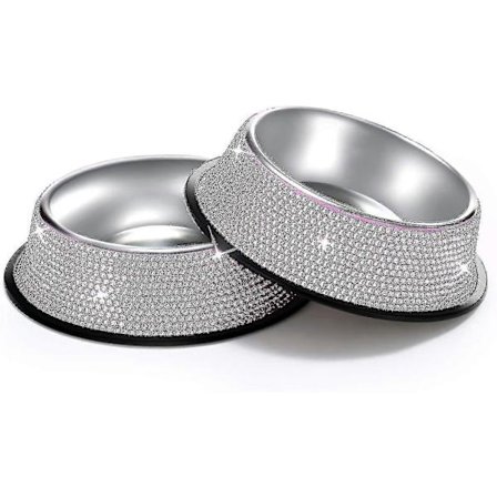 Glänsande Strass Rostfritt Stål Husdjursskål Hund Katt Hundmatare Rostfritt Stål Diamant Husdjursskål, Diamant Enkel Skål Handgjord Strass Rostfritt 