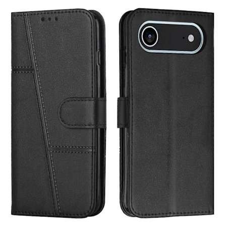 Kompatibel med iPhone 17 Air Læder Telefon Cover Foldbart Stativ Pung Flip Cover med Rem - Sort-lingling}