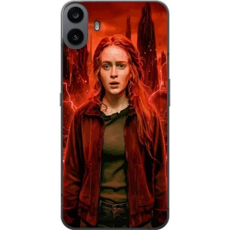 Kompatibelt Mobilskal till Nothing Nothing CMF Phone 1 Porträtt av en ung kvinna med rött hår i en apokalyptisk landskap, röda blixtar och mörka