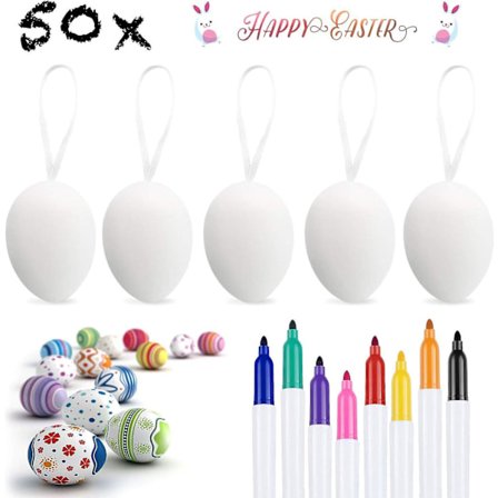 50 X Dekorerte Påskeegg, Hengende Plastikkegg Med Tau, Hvit Påske DIY Maling For Dekorering Og Gaver, Med 8 Pensler