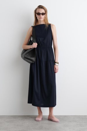 COS Women's Boat Neck Gathered Midi Dress in Blue