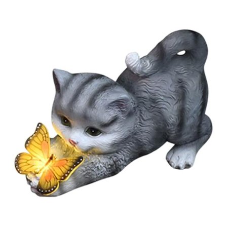 Solcelled Hagefigur Katt Nattbelysning Søt Og Morsom Harpiks Katt Holder Sommerfugl