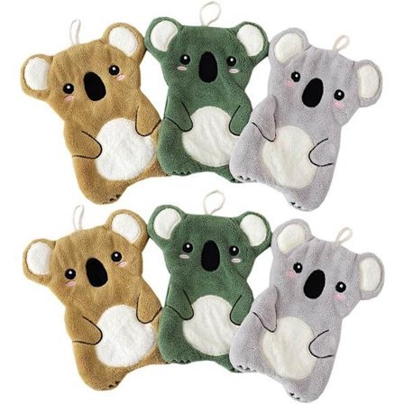 Sød Koala Håndklæde Sæt med 6 Bløde Absorberende Sjove Dekorative Mikrofiber Koralsamt Hængende Vaskelapper (2 Grønne 2 Grå 2 Brune)