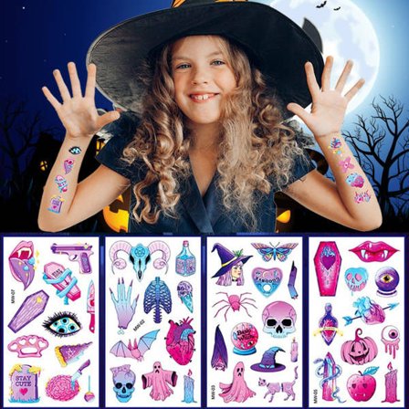 IC Halloween Glitter Barn Sikker Midlertidig Tatovering Vandfast Græskar Spøgelse Hexe Flagermus Tatoveringsdekal Sød Stil Piger Makeup Halloween 