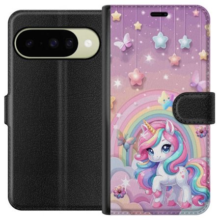 Kompatibel Tegnebogsetui til Google Pixel 10 Magisk enhjørning med regnbue manke, stjerner og sommerfugle mod en pastelfarvet himmel med skyer