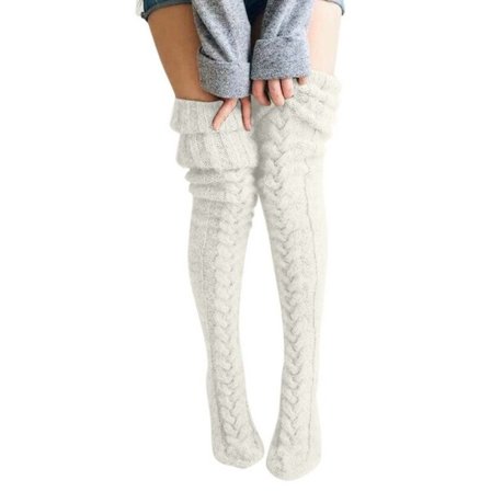 Varma Stickade Knästrumpor Höga Strumpor Lårhöga Vita vita