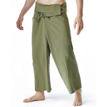 Thai fiskerbukser, stilrene ensfargede linbukser for yoga, løstsittende yogabukser for menn, thai fiskerbukser for hverdagsbruk - FF - army green