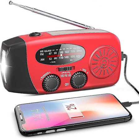 Nødvendig solcelledrevet radio med håndsving, vejrradio med LED-lommelygte, telefonstrømbankoplader A