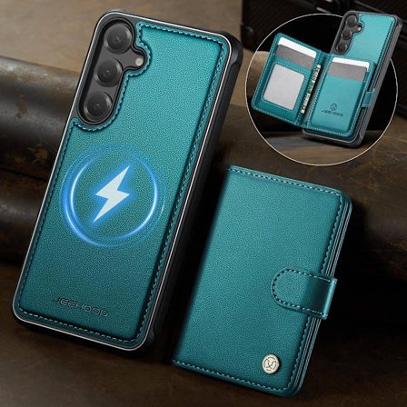 (Til Samsung Galaxy S25FE) 2-i-1 magnetisk tegnebogs etui til mobiltelefon med kortlommer, stativ og RFID-beskyttelse til MagSafe-enheder