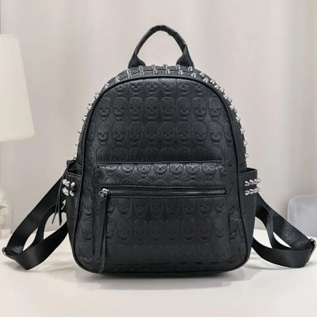 Suurikokoinen reppu, unisex, pääkalloreppu, musta PU-nahkainen matkareppu, punk-niittiläppäreppu, mochila feminina~02224
