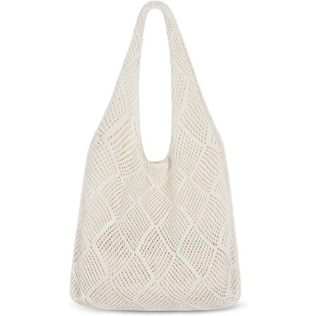 Heklet Tote Bag for Kvinner Beige Mesh Strandveske Sommerferie Boho Håndveske