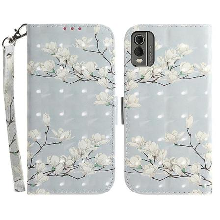 For Nokia C32 Mønster Design Folio Cover PU Lær Stativ Lommebok Telefondeksel med Rem - Magnolia