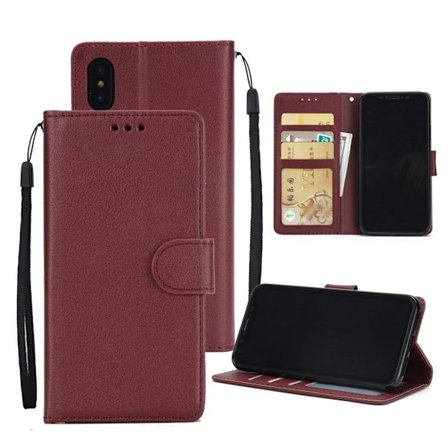 iPhone Xs Max syntet läder plånboks mobilfodral med kort platser samt mobilsnöre - Vin Röd