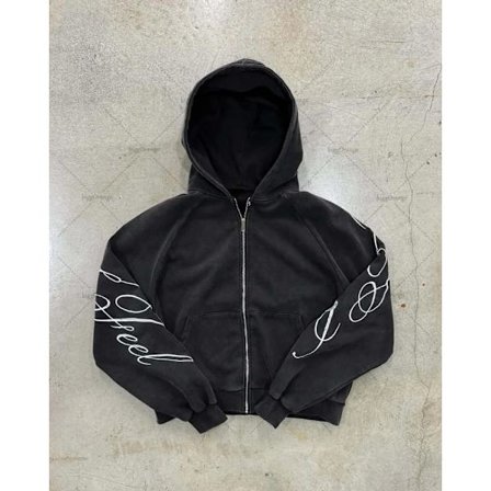 Y2K harajuku Gotisk Bokstavstryck Retro Mode Herr Och Dam Hoodie Hip-Hop Punk Stil Svart Oversized Dragkedja Sweatshirts