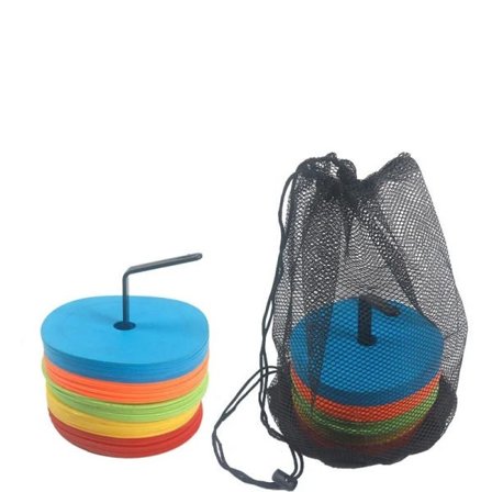 10 stk. flade fodboldkegler, markørskive, basketball, sports-, hastigheds- og smidighedstræningsmarkører