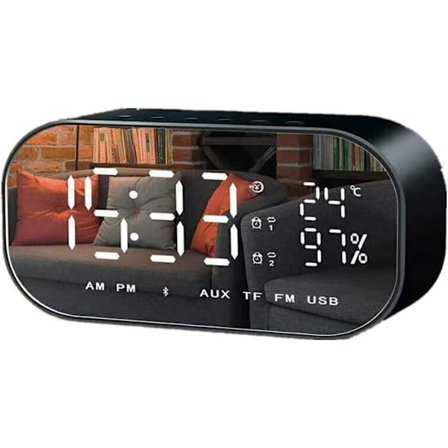 Svart Digital Spegelväckarklocka med Bluetooth-högtalare, Ljusstark