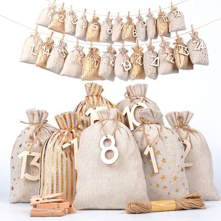 Julegavepose i bomull med snor, nedtelling 1-24, gavepose, adventskalenderpose