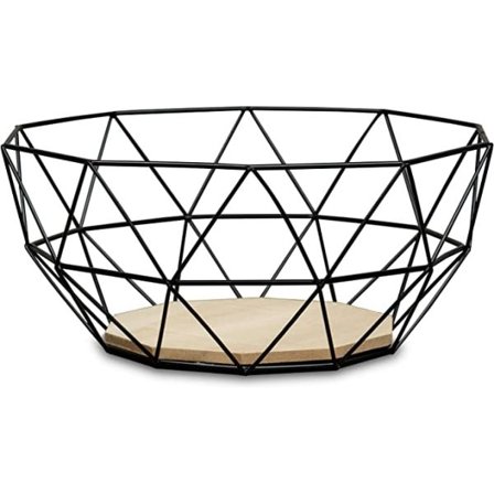 Fruktkorg i metall, svart, modern, träskål, brun, dekoration