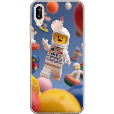 Kompatibelt Mobilskal till Huawei P20 lite LEGO-inspirerad astronautfigur i rymden bland färgglada planeter, lekfull 3D-illustration för barnrum, af