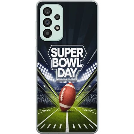 Kompatibel Mobilcover til Samsung Galaxy A73 5G Super Bowl Day plakat med amerikansk fodbold på oplyst arena i dramatisk sportsdesign