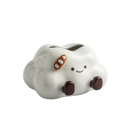 Keramisk skyformet vevboks holder hvit med smileyfjes, brune føtter og soppdekorasjon