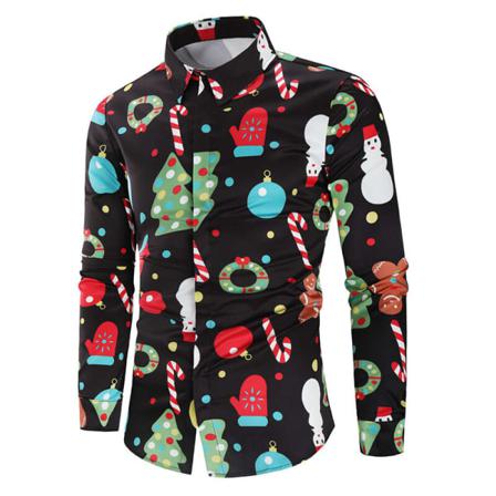 Men Snowman Print Toppar Långärmade Button Down Julskjortor